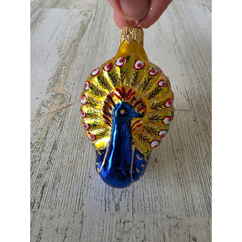 Vintage peacock glitter gold glass ornament‎ Xmas tree bird